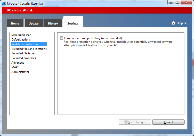 Screenshot showing real-time protection disabled in Microsoft Security Essentials