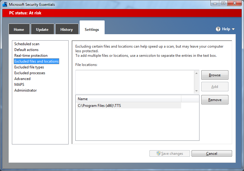 Screenshot showing TTS installation directory excluded in Microsoft Security Essentials